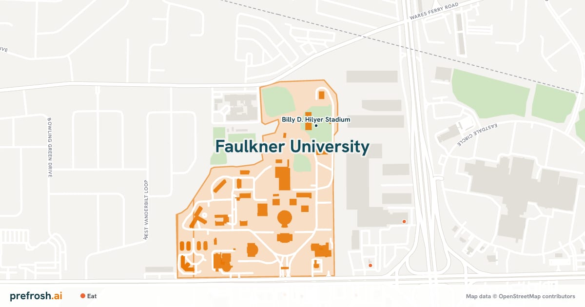 Campus map of Faulkner University in Montgomery, AL, showing Billy D. Hilyer Stadium, with nearby restaurants, coffee and shops