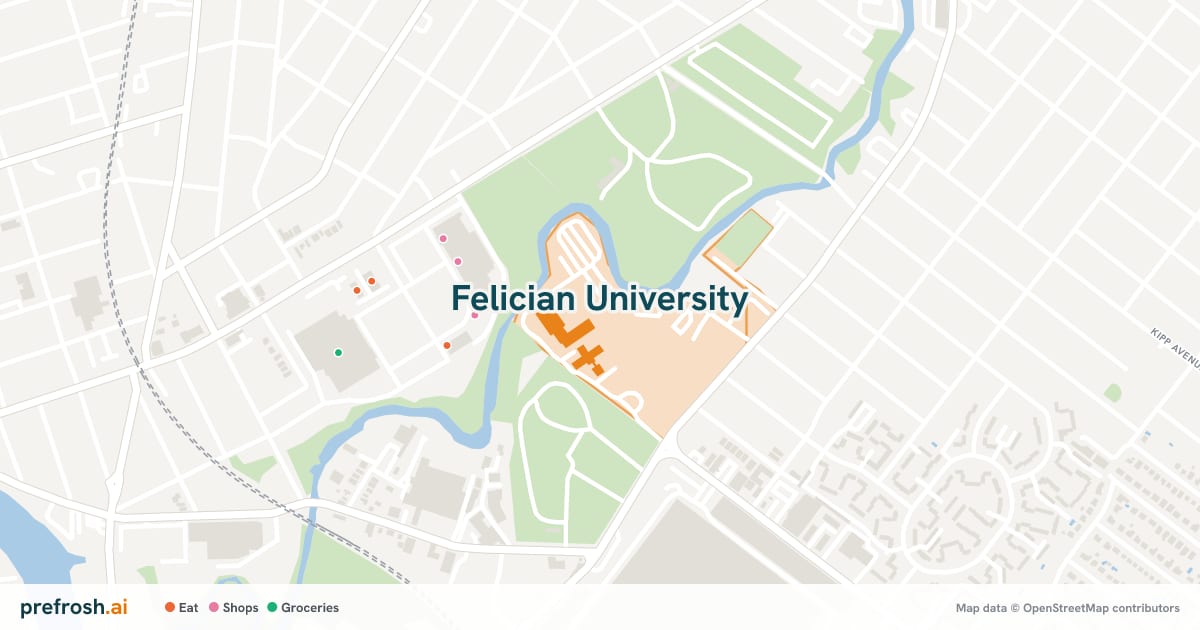 Campus map of Felician University in Lodi, NJ, showing Felician University Lodi Campus and Breslin Auditorium, with nearby restaurants, coffee and shops