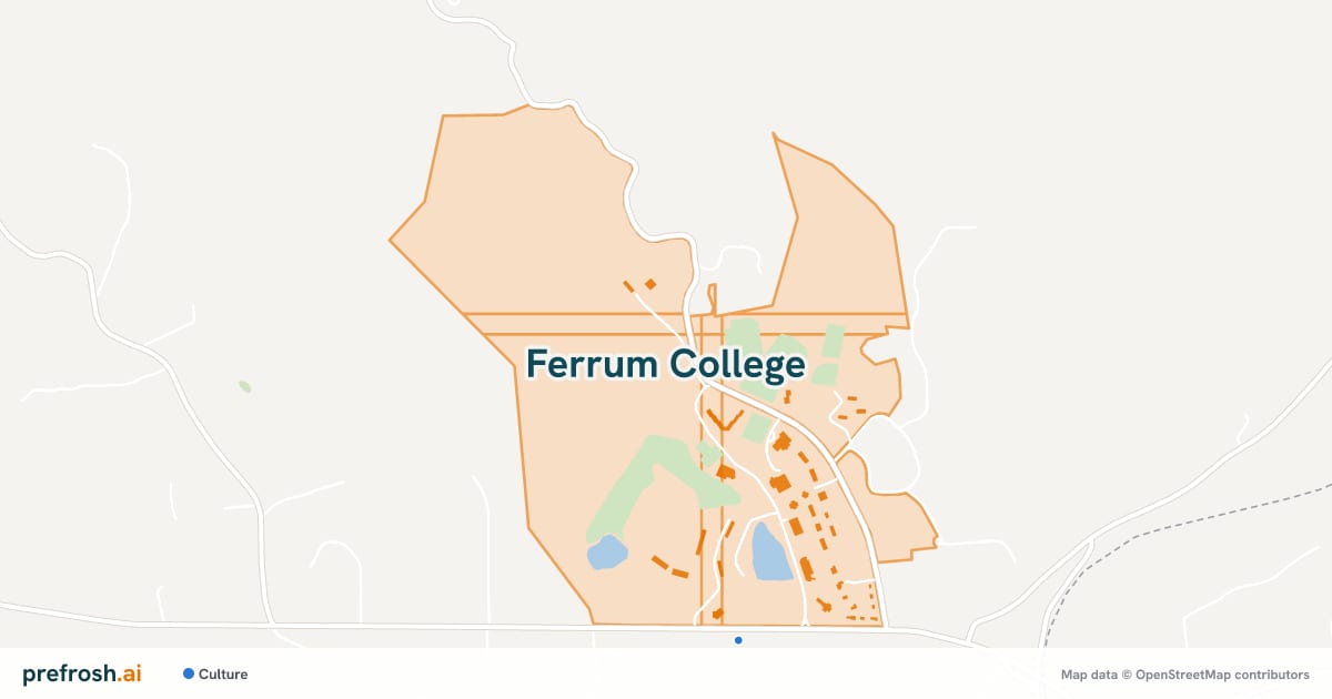 Campus map of Ferrum College in Ferrum, VA, showing Adams Stadium, with nearby restaurants, coffee and shops