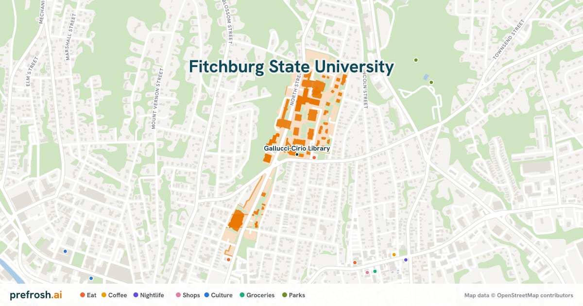 Campus map of Fitchburg State University in Fitchburg, MA, showing Gallucci-Cirio Library, with nearby restaurants, coffee and shops