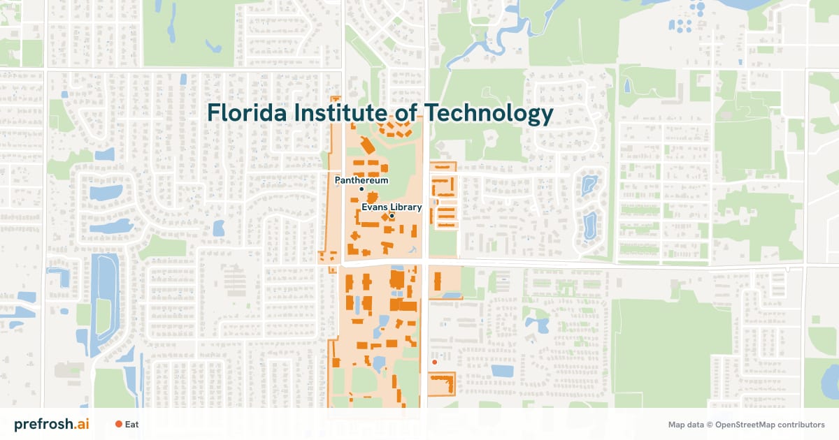 Campus map of Florida Institute of Technology in Melbourne, FL, showing Evans Library and Panthereum, with nearby restaurants, coffee and shops