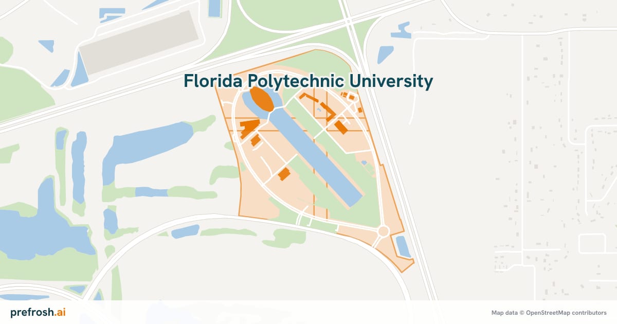 Campus map of Florida Polytechnic University in Lakeland, FL, with nearby restaurants, coffee and shops