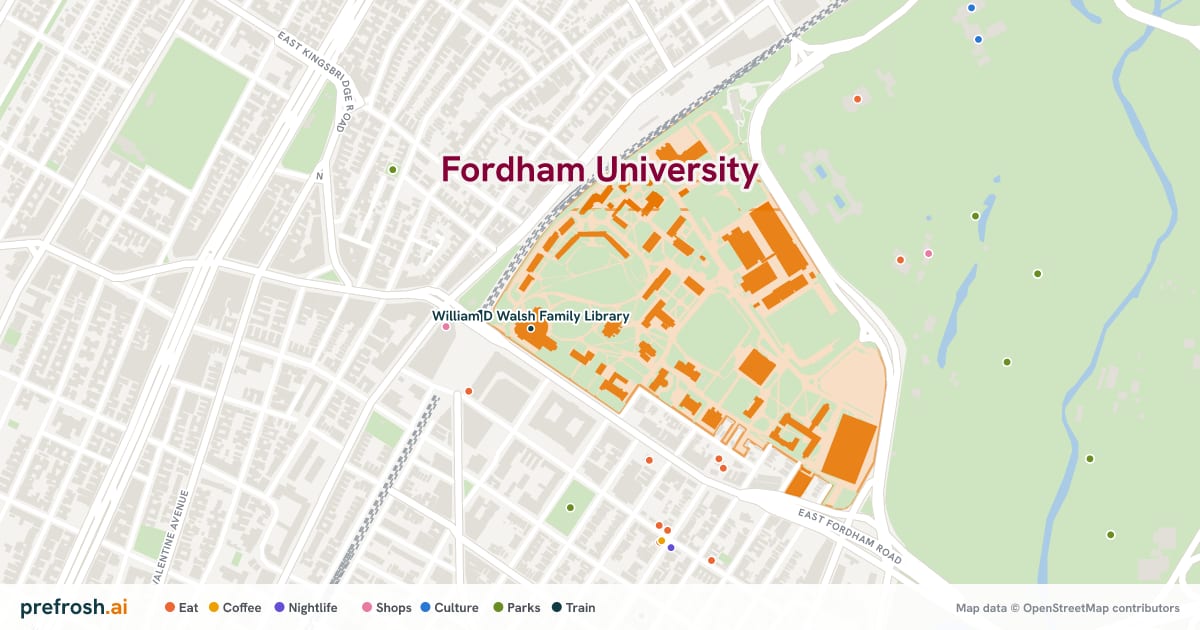 Campus map of Fordham University in New York, NY, showing William D Walsh Family Library, with nearby restaurants, coffee and shops