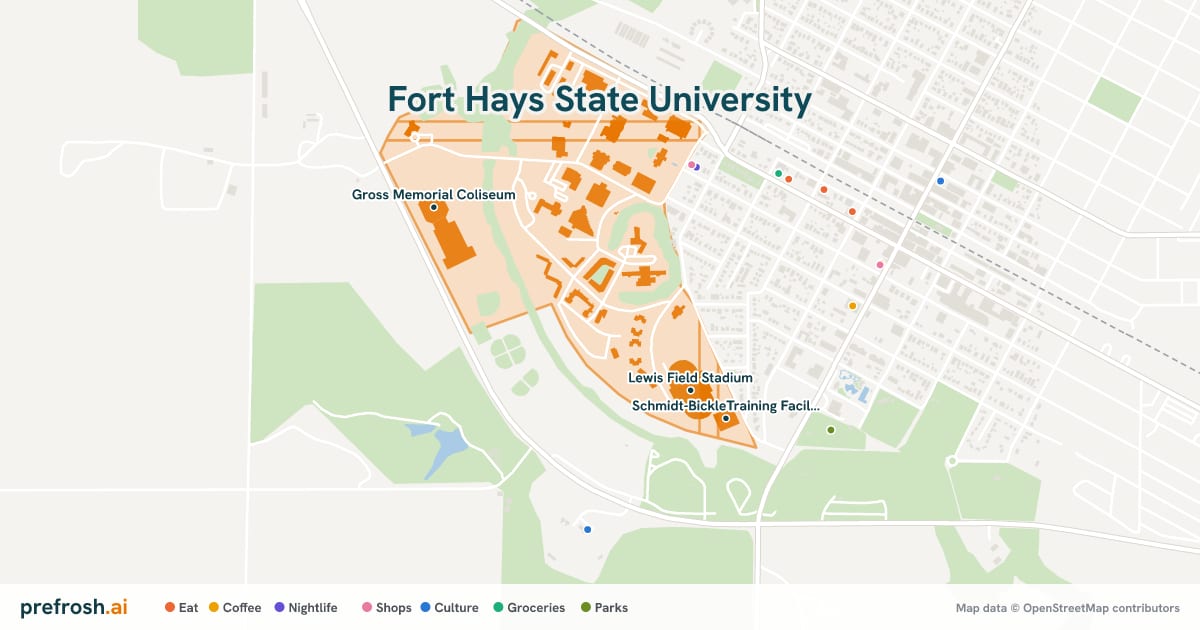 Campus map of Fort Hays State University in Hays, KS, showing Lewis Field Stadium, Schmidt-BickleTraining Facility and Gross Memorial Coliseum, with nearby restaurants, coffee and shops