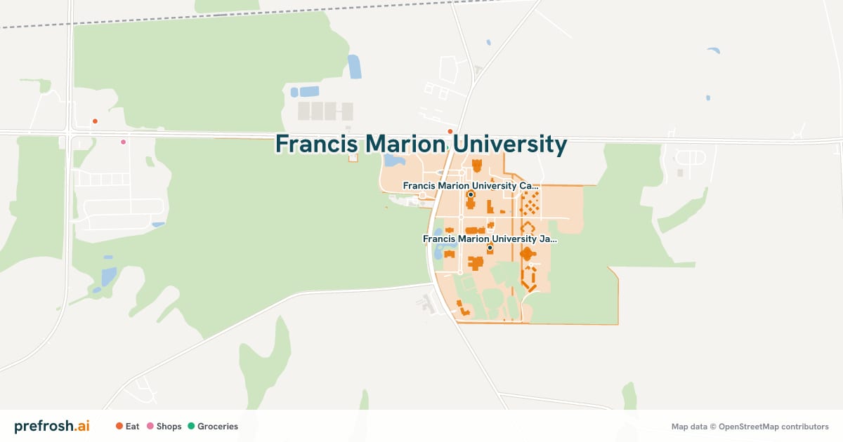 Campus map of Francis Marion University in Florence, SC, showing Francis Marion University Cauthen Educational Media Center and Francis Marion University James A Rogers Library, with nearby restaurants, coffee and shops