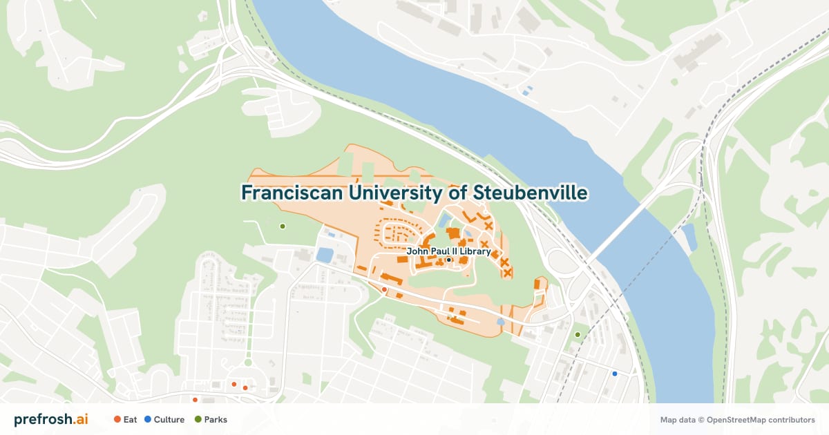 Campus map of Franciscan University of Steubenville in Steubenville, OH, showing Vaccaro Field, with nearby restaurants, coffee and shops