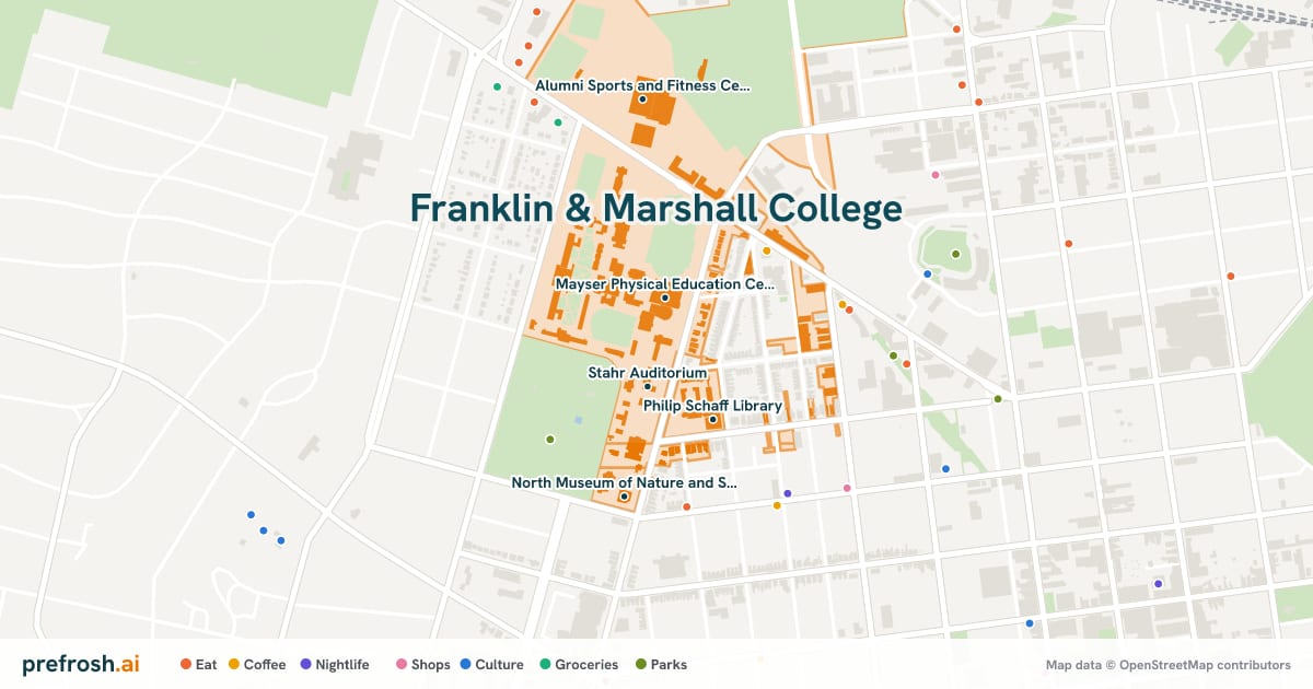 Campus map of Franklin & Marshall College in Lancaster, PA, showing Stahr Auditorium, Mayser Physical Education Center, Green Room Theatre and Martin Library of the Sciences, with nearby restaurants, coffee and shops