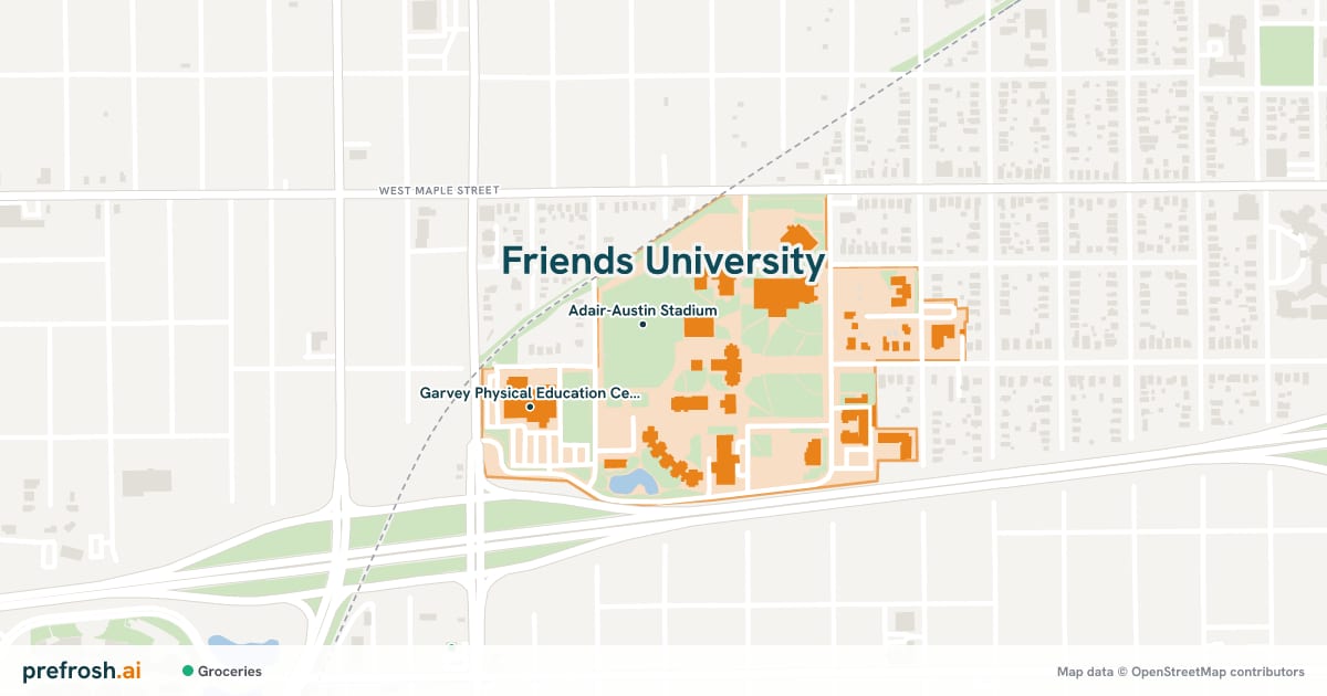Campus map of Friends University in Wichita, KS, showing Adair-Austin Stadium and Edmund Stanley Library, with nearby restaurants, coffee and shops