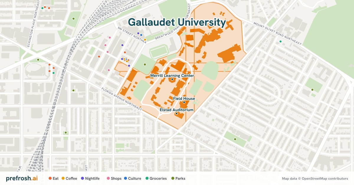 Campus map of Gallaudet University in Washington, DC, showing Field House, Merrill Learning Center and Elstad Auditorium, with nearby restaurants, coffee and shops