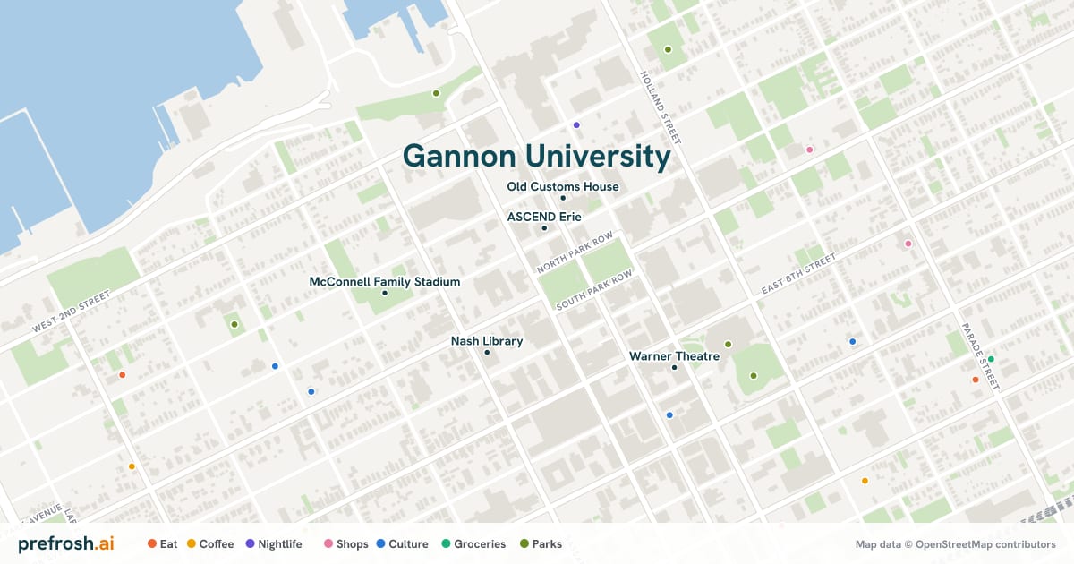 Campus map of Gannon University in Erie, PA, showing ASCEND Erie, Nash Library, Old Customs House and Erie Art Museum, with nearby restaurants, coffee and shops