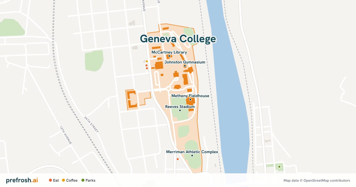 Campus map of Geneva College in Beaver Falls, PA, showing Metheny Fieldhouse, Reeves Stadium, Johnston Gymnasium and Bagpiper Theatre, with nearby restaurants, coffee and shops