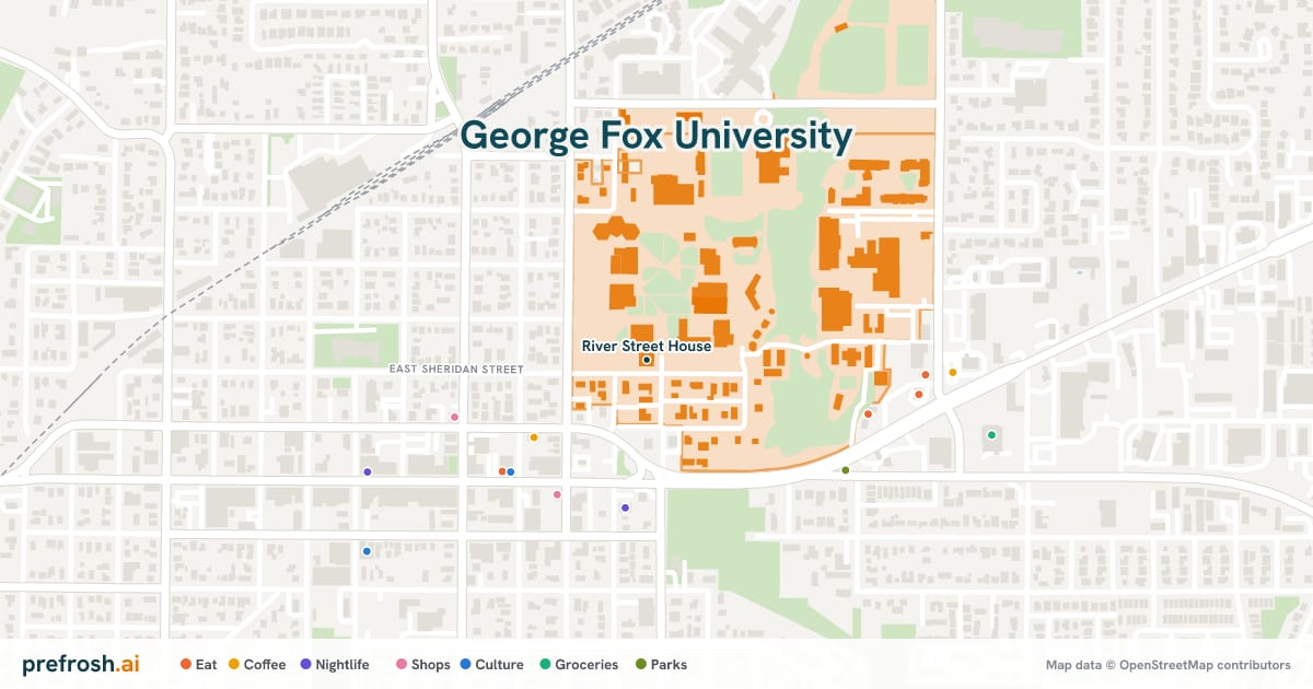 Campus map of George Fox University in Newberg, OR, showing River Street House, with nearby restaurants, coffee and shops