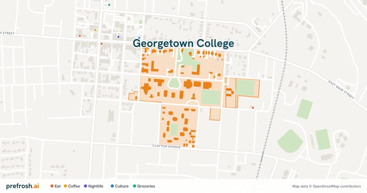 Campus map of Georgetown College in Georgetown, KY, with nearby restaurants, coffee and shops