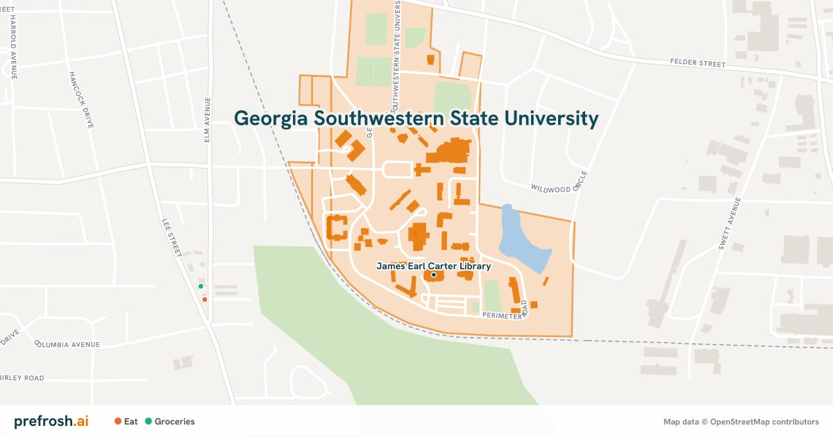 Campus map of Georgia Southwestern State University in Americus, GA, showing James Earl Carter Library, with nearby restaurants, coffee and shops