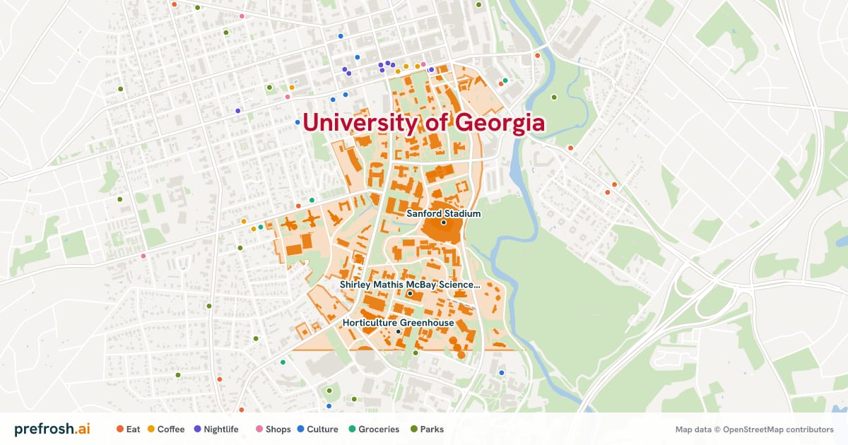 Campus map of University of Georgia in Athens, GA, showing Sanford Stadium, Shirley Mathis McBay Science Library and UGA Main Library, with nearby restaurants, coffee and shops