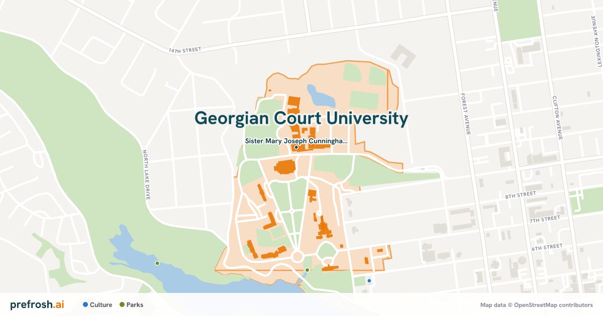 Campus map of Georgian Court University in Lakewood, NJ, showing Sister Mary Joseph Cunningham Library, with nearby restaurants, coffee and shops