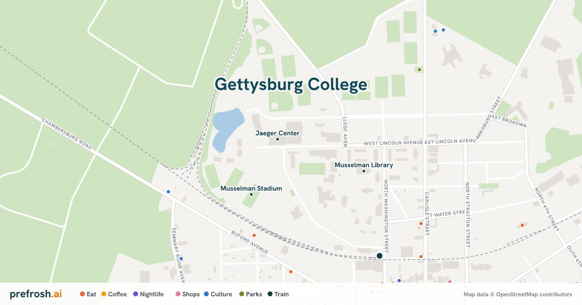 Campus map of Gettysburg College in Gettysburg, PA, showing Jaeger Center, Field House and Musselman Stadium, with nearby restaurants, coffee and shops
