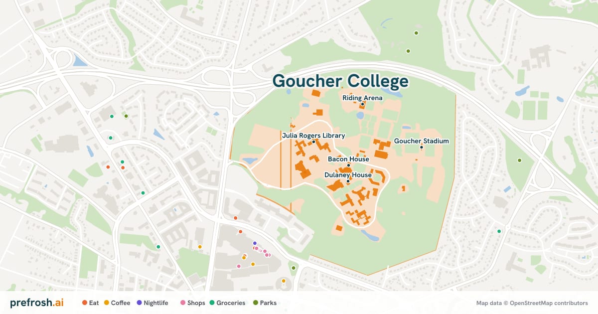 Campus map of Goucher College in Baltimore, MD, showing Bacon House, Pearlstone Student Center, Meyerhoff Arts Center and Dulaney House, with nearby restaurants, coffee and shops