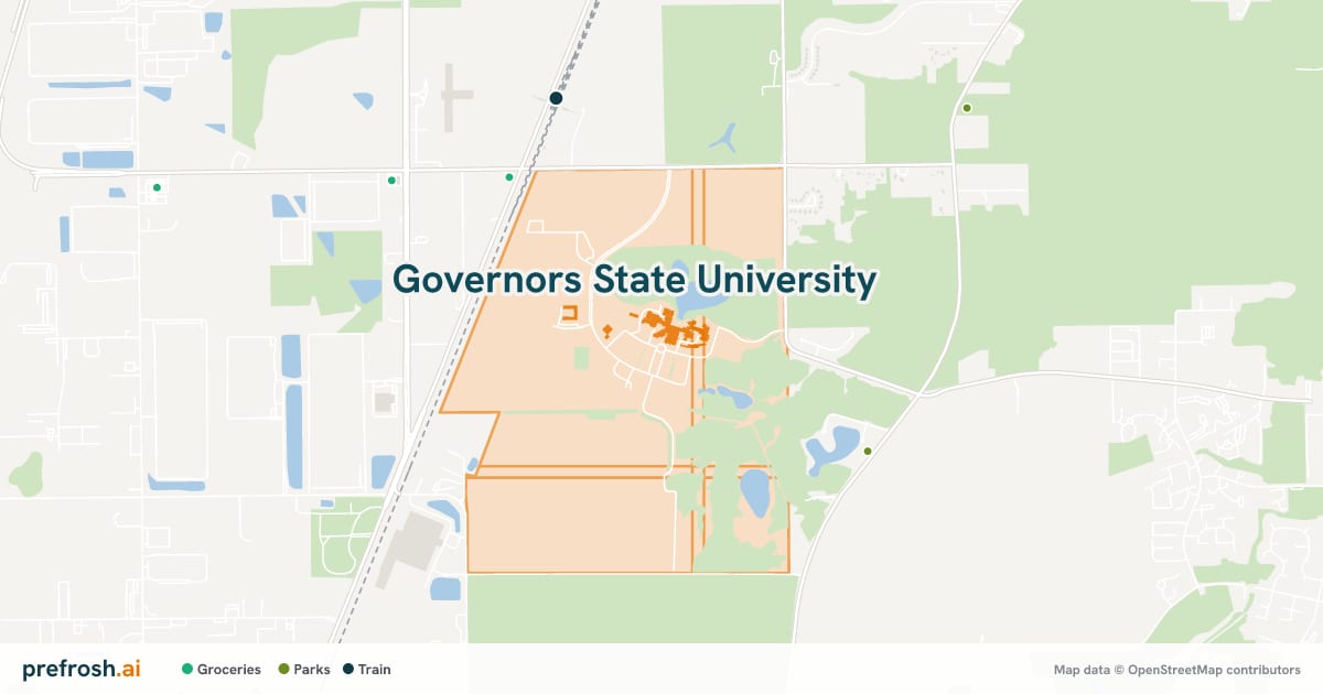 Campus map of Governors State University in University Park, IL, showing Governors State University Gymnasium, with nearby restaurants, coffee and shops