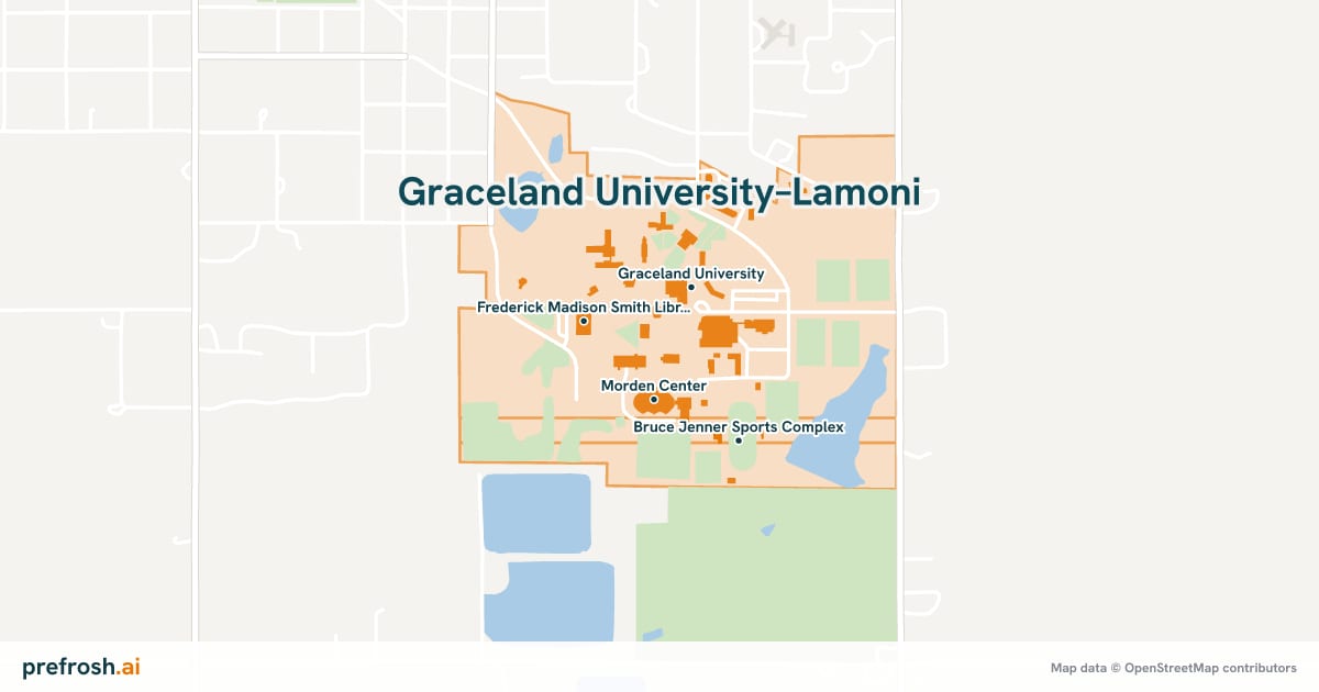 Campus map of Graceland University–Lamoni in Lamoni, IA, showing Morden Center, Graceland University, Fitzgerald Fitness Center and Frederick Madison Smith Library, with nearby restaurants, coffee and shops