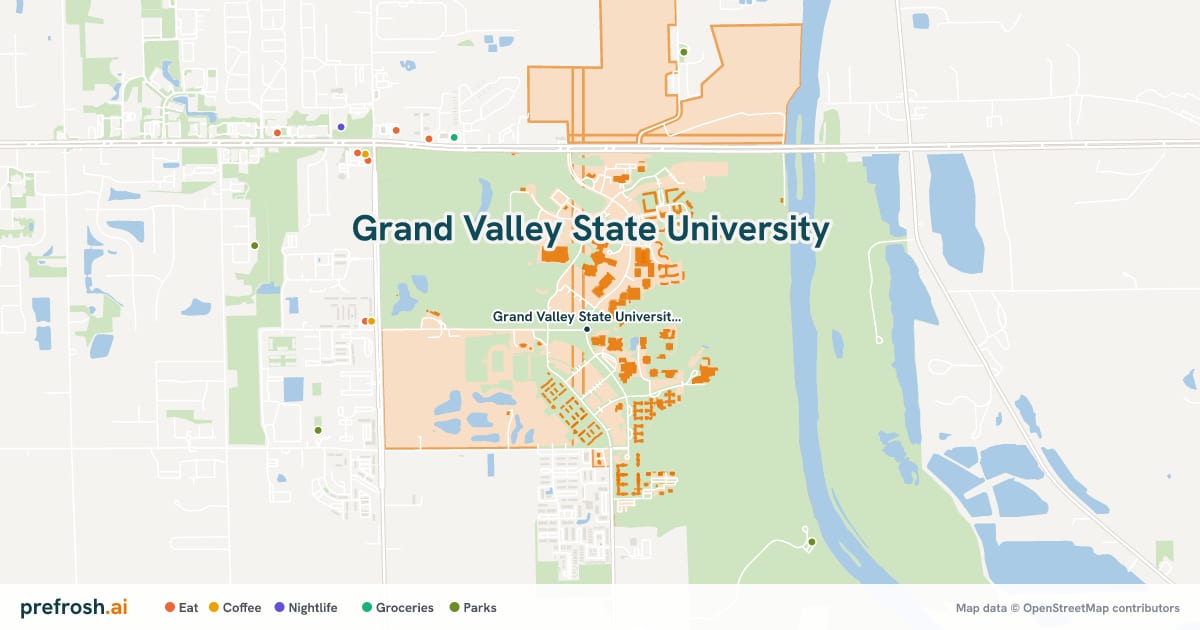 Campus map of Grand Valley State University in Allendale, MI, showing Grand Valley State University - Allendale Campus, with nearby restaurants, coffee and shops