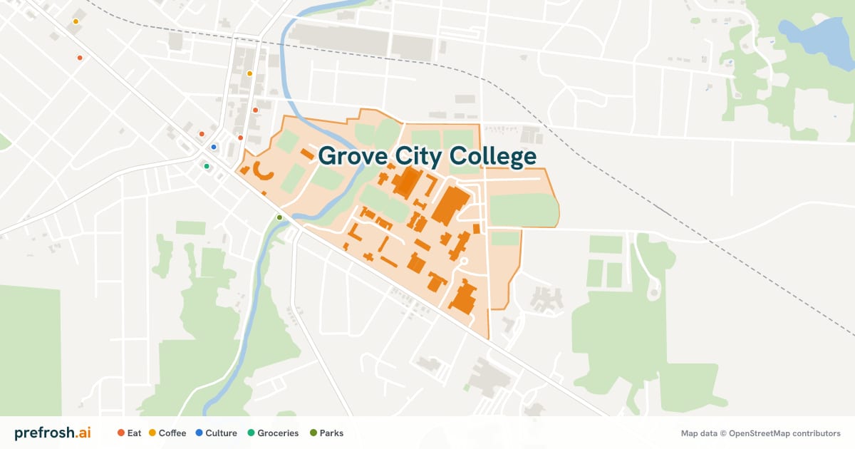 Campus map of Grove City College in Grove City, PA, with nearby restaurants, coffee and shops