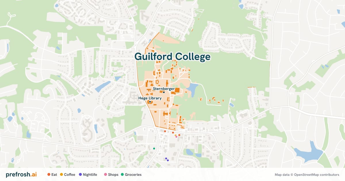 Campus map of Guilford College in Greensboro, NC, showing Sternberger and Hege Library, with nearby restaurants, coffee and shops