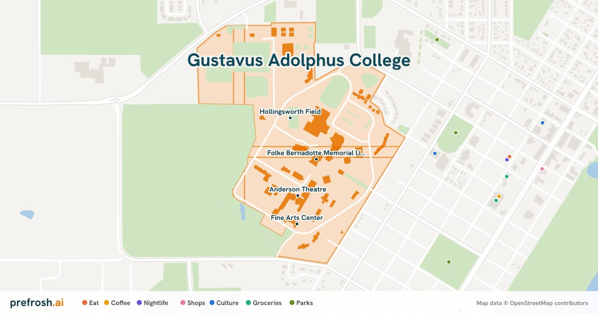 Campus map of Gustavus Adolphus College in St. Peter, MN, showing Folke Bernadotte Memorial Library, Anderson Theatre, Hollingsworth Field and Harold and Ruth Schaefer Fine Arts Center, with nearby restaurants, coffee and shops