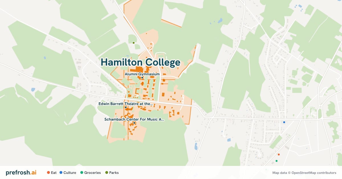 Campus map of Hamilton College in Clinton, NY, showing Alumni Gymnasium, Daniel Burke Library and Margaret Bundy Scott Field House, with nearby restaurants, coffee and shops