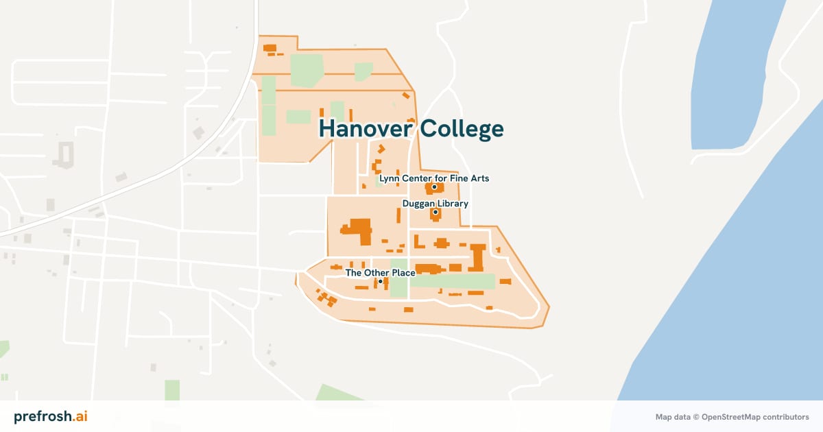Campus map of Hanover College in Hanover, IN, showing Duggan Library, Lynn Center for Fine Arts and The Other Place, with nearby restaurants, coffee and shops