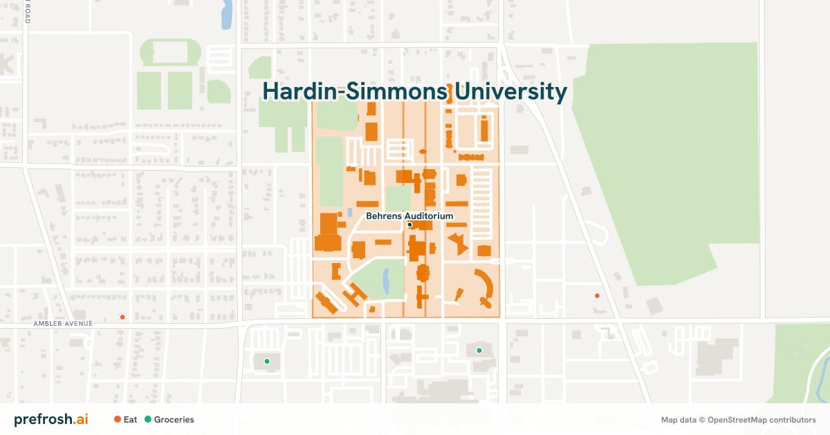 Campus map of Hardin-Simmons University in Abilene, TX, showing Behrens Auditorium, with nearby restaurants, coffee and shops