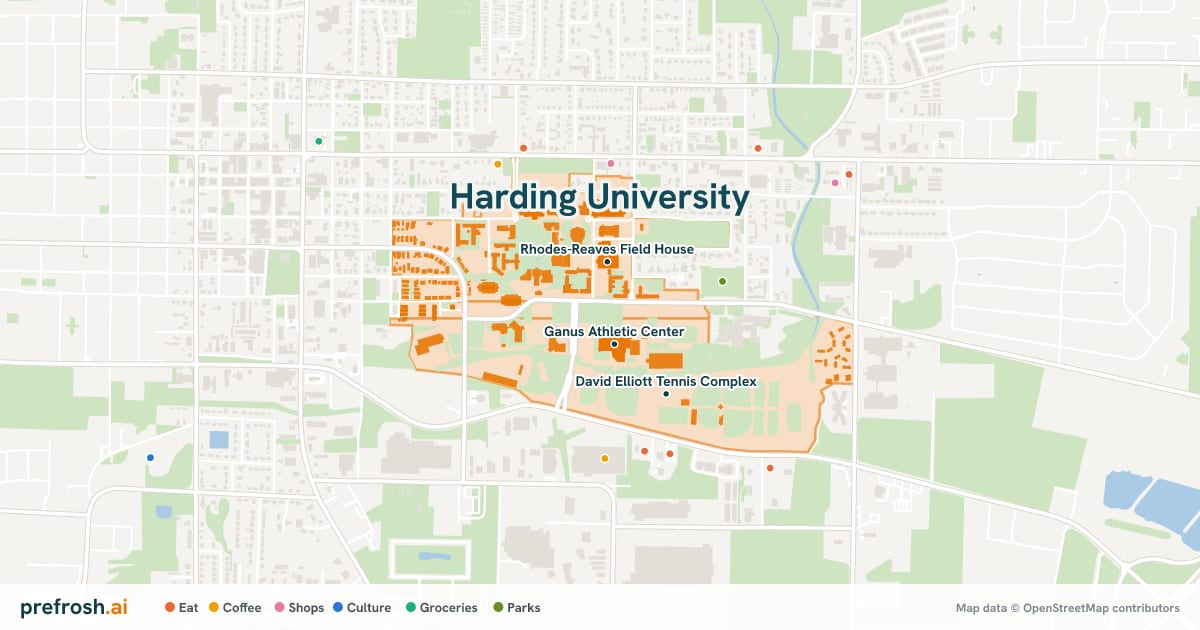 Campus map of Harding University in Searcy, AR, showing Ganus Athletic Center, Rhodes-Reaves Field House and Rogers Theological Library, with nearby restaurants, coffee and shops