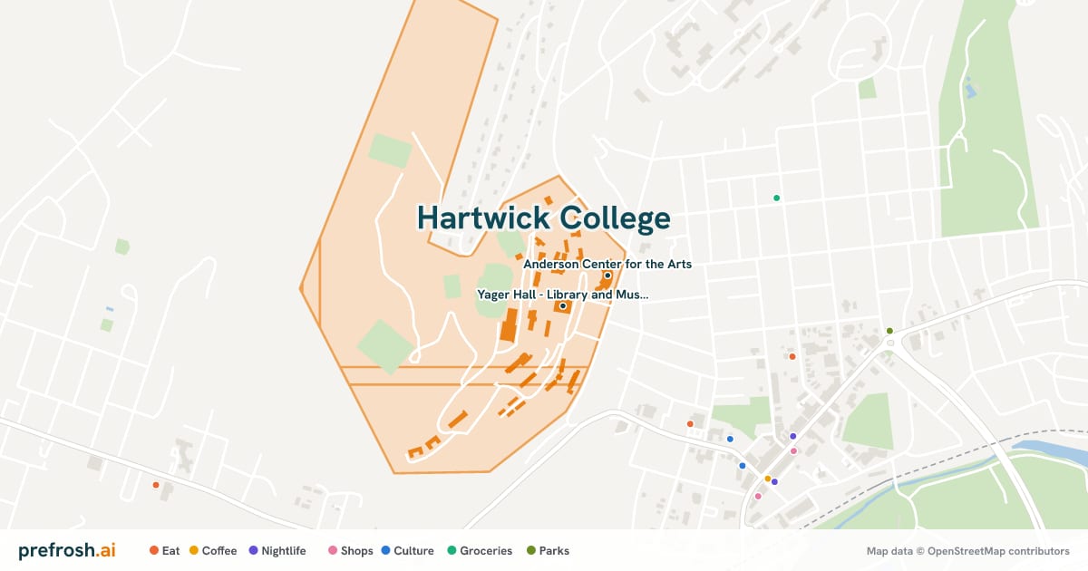 Campus map of Hartwick College in Oneonta, NY, showing Yager Hall - Library and Museum and Elmore Field, with nearby restaurants, coffee and shops