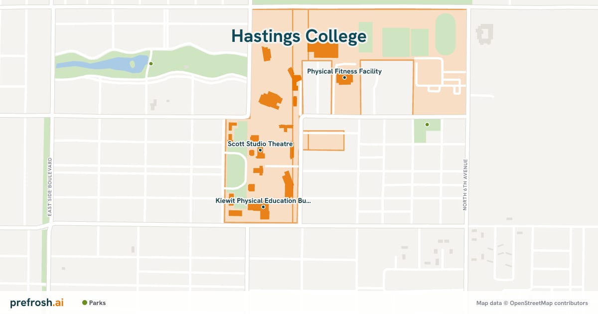 Campus map of Hastings College in Hastings, NE, showing Scott Studio Theatre, Kiewit Physical Education Building and Art Center, with nearby restaurants, coffee and shops