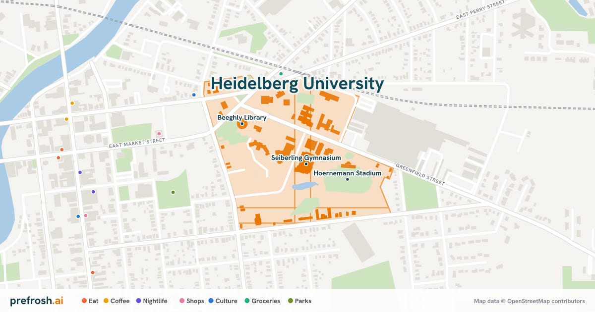Campus map of Heidelberg University in Tiffin, OH, showing Seiberling Gymnasium, Hoernemann Stadium and Beeghly Library, with nearby restaurants, coffee and shops