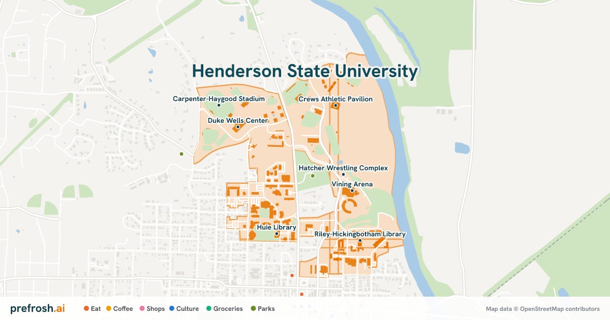 Campus map of Henderson State University in Arkadelphia, AR, showing Hatcher Wrestling Complex, Ouachita Baptist University, Vining Arena and Crews Athletic Pavilion, with nearby restaurants, coffee and shops