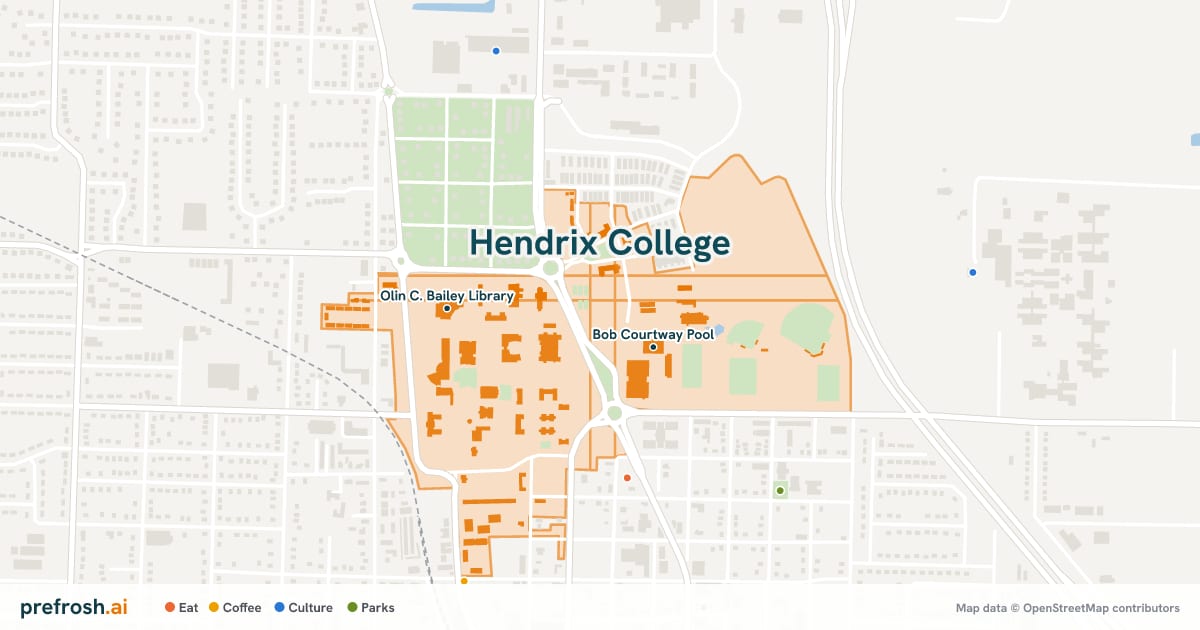 Campus map of Hendrix College in Conway, AR, showing Bob Courtway Pool and Olin C. Bailey Library, with nearby restaurants, coffee and shops