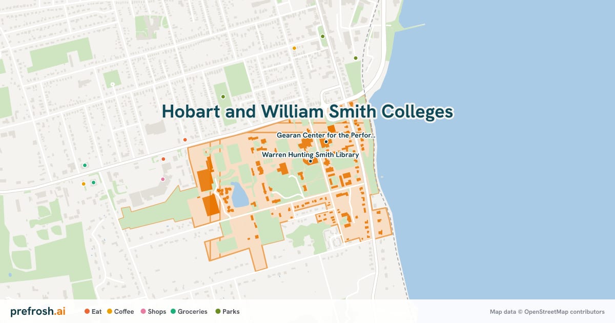 Campus map of Hobart and William Smith Colleges in Geneva, NY, showing Warren Hunting Smith Library and Gearan Center for the Performing Arts, with nearby restaurants, coffee and shops