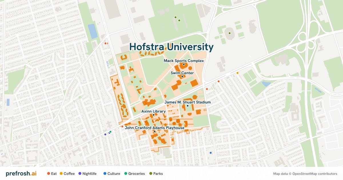Campus map of Hofstra University in Hempstead, NY, showing Swim Center, Pysical Education Building, James M. Shuart Stadium and Practice Facility, with nearby restaurants, coffee and shops