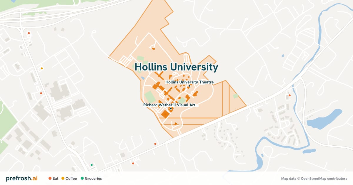 Campus map of Hollins University in Roanoke, VA, showing Hollins University Theatre and Richard Wetherill Visual Arts Center, with nearby restaurants, coffee and shops