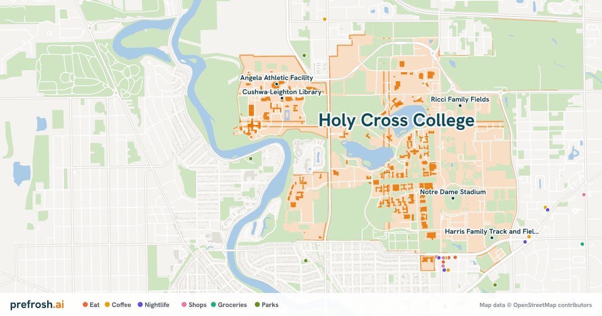 Campus map of Holy Cross College in Notre Dame, IN, showing University of Notre Dame du Lac, Notre Dame Stadium, Ricci Family Fields and Alumni Stadium, with nearby restaurants, coffee and shops