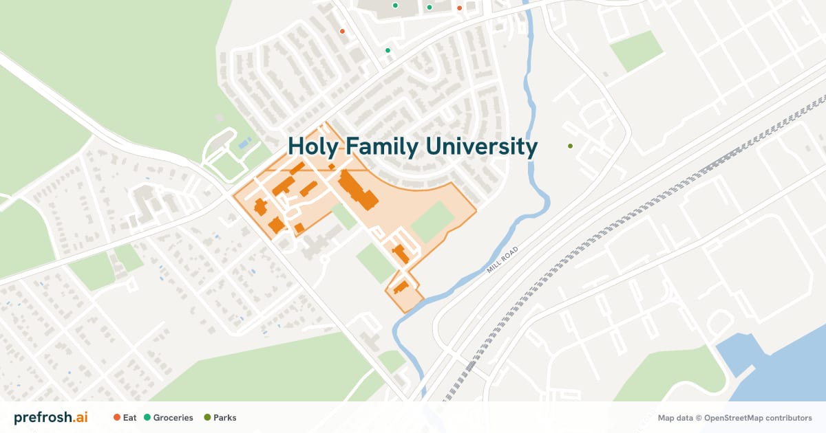 Campus map of Holy Family University in Philadelphia, PA, with nearby restaurants, coffee and shops