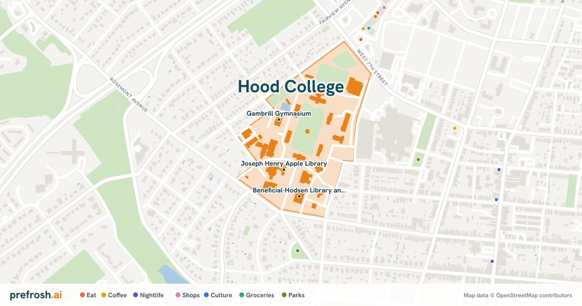 Campus map of Hood College in Frederick, MD, showing Joseph Henry Apple Library, Gambrill Gymnasium and Beneficial-Hodsen Library and Information Technology Center, with nearby restaurants, coffee and shops