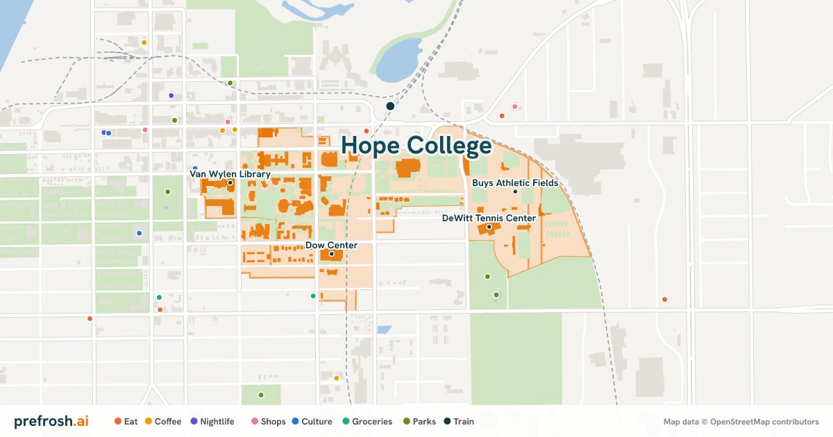 Campus map of Hope College in Holland, MI, showing DeVos Fieldhouse, DeWitt Tennis Center, Dow Center and Buys Athletic Fields, with nearby restaurants, coffee and shops