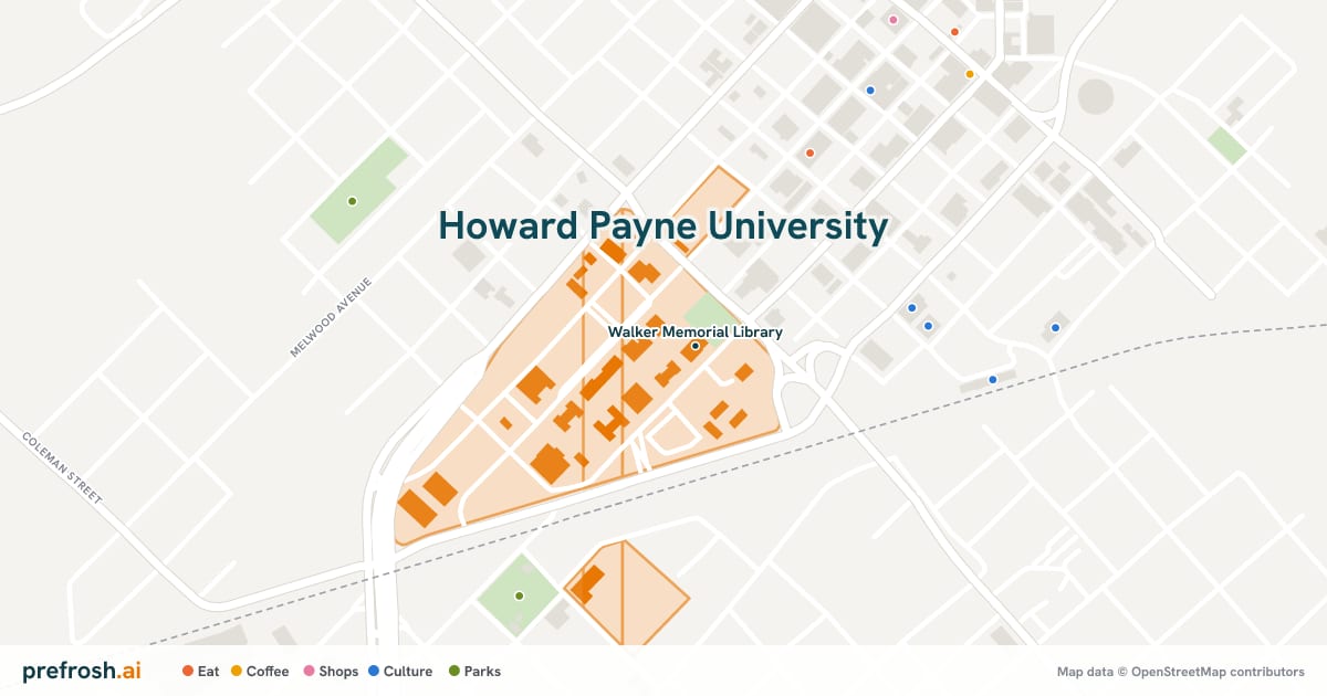 Campus map of Howard Payne University in Brownwood, TX, showing Walker Memorial Library, with nearby restaurants, coffee and shops