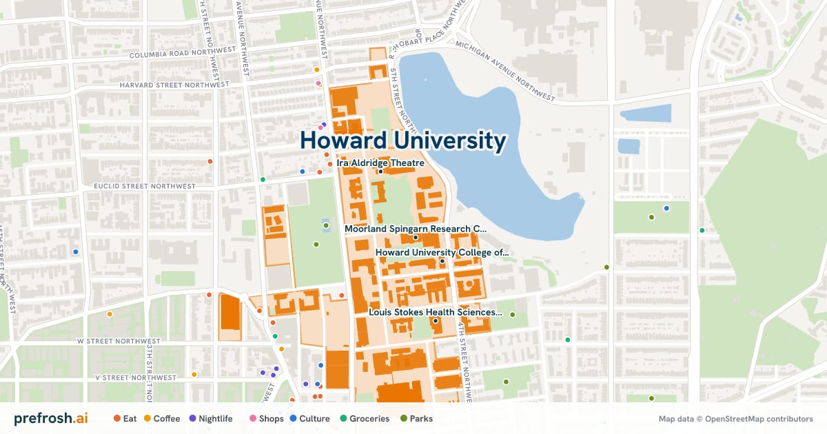 Campus map of Howard University in Washington, DC, showing Moorland Spingarn Research Center, Howard University Museum, Founders Library and Ira Aldridge Theatre, with nearby restaurants, coffee and shops