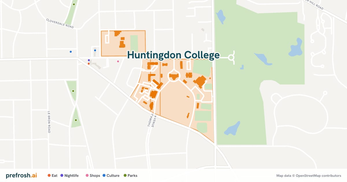 Campus map of Huntingdon College in Montgomery, AL, with nearby restaurants, coffee and shops