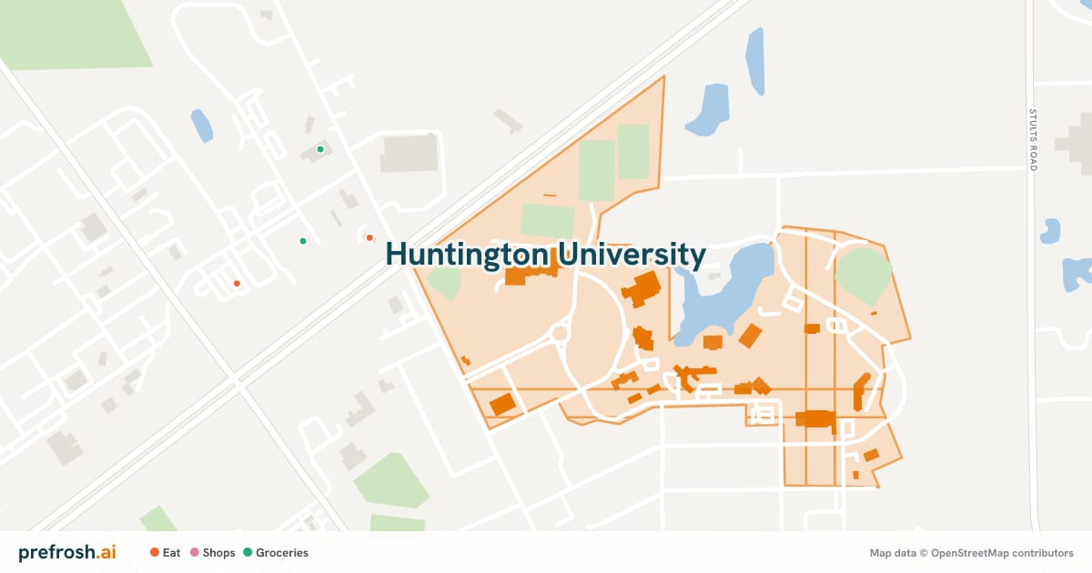 Campus map of Huntington University in Huntington, IN, with nearby restaurants, coffee and shops