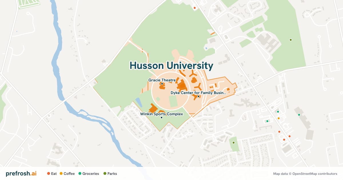Campus map of Husson University in Bangor, ME, showing Gracie Theatre, Sawyer Library and Dyke Center for Family Business, with nearby restaurants, coffee and shops