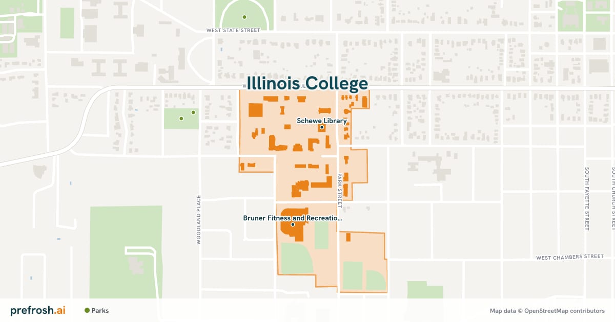 Campus map of Illinois College in Jacksonville, IL, showing Schewe Library and Tanner Library, with nearby restaurants, coffee and shops